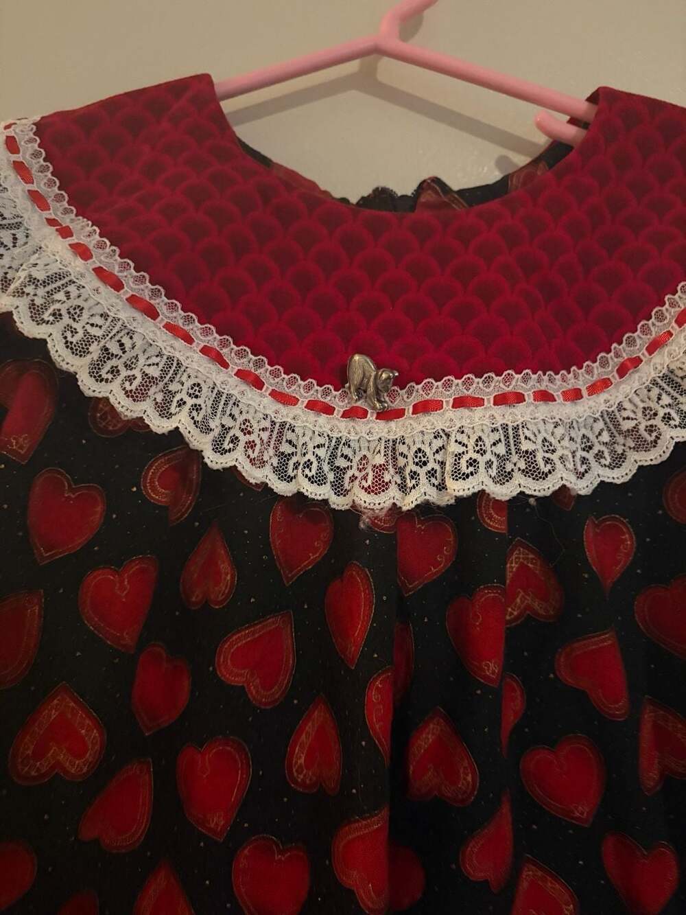 Vintage Handmade Girls Valentine's Day Heart Print Lace Collar Dress - Picture 4 of 6
